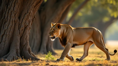 Lion Walking Near Oak Tree Under Soft Sunlight