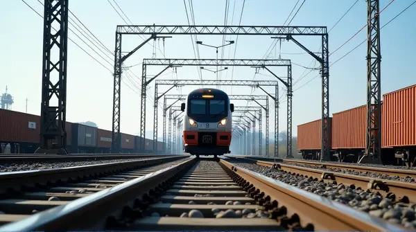 Locomotive gliding on metal tracks between tall structures under clear sky from low angle