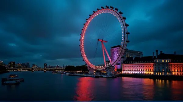 High-angle shot of the London Eye Ferris wheel reflecting on the River Thames under a dark sky