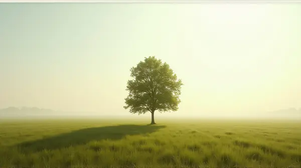 Single deciduous tree centered in a wide grassy plain with sunlight creating long shadows.