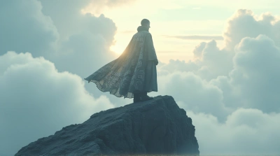 Lone Figure With Dreamer Cape On Jagged Summit