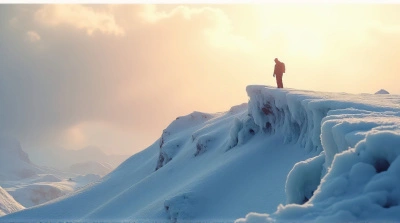 Lone Figure On Frosted Alpine Ridge With Amber Light