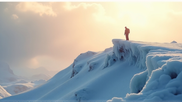 A lone individual stands on a frost-covered alpine ridge illuminated by warm amber light under a wide sky.
