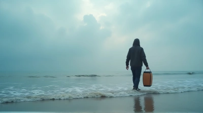 Lone Figure With Rustic Lantern By Water Edge