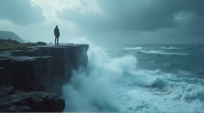 Lone Figure On Stormy Cliff Edge With Waves