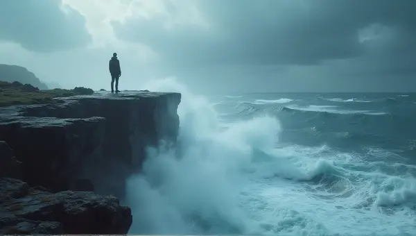 Lone Figure On Stormy Cliff Edge With Waves