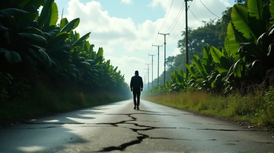 Lone Figure Striding On Cracked Asphalt Lane