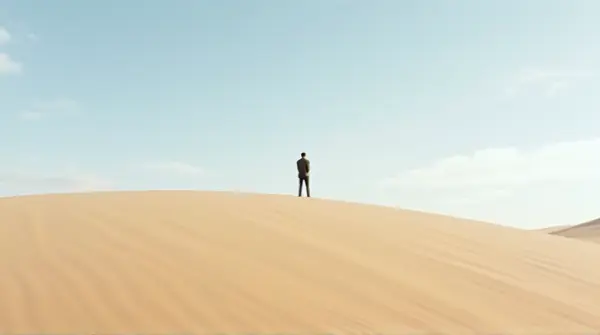 Lone Individual On Dune Under Wide Open Sky