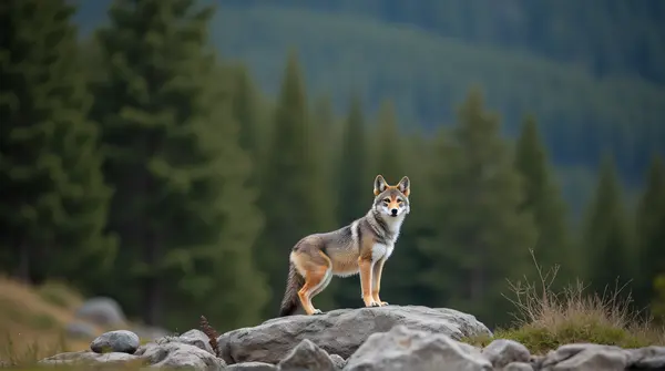 Lupine standing alert on rocky ground with blurred pine trees in background under natural light