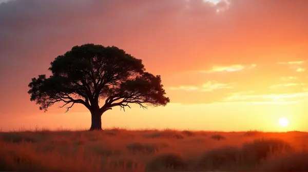 Single oak tree stands tall in an open meadow under a colorful orange and pink sky at dusk.