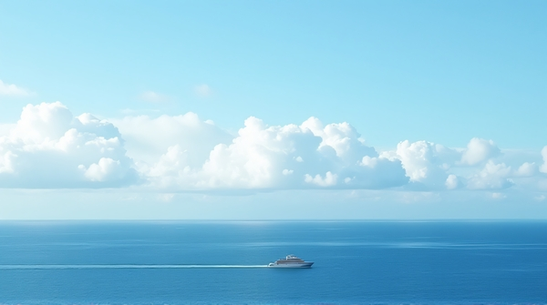 A solitary sailboat moves across a wide ocean under a sky filled with soft white formations.