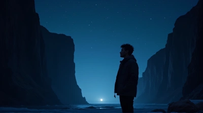 Lone Traveler Beneath Towering Cliffs At Twilight