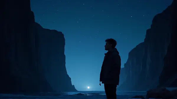 A solitary person stands beneath tall cliffs illuminated by soft starlight against a deep indigo sky.