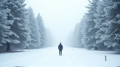 Lone Traveler Crossing Frosty Evergreen Landscape
