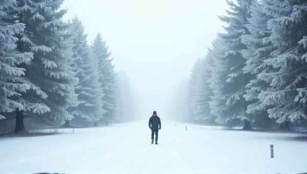 Lone Traveler Crossing Frosty Evergreen Landscape