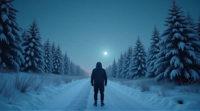 Lone Traveler On Frosty Path Under Starry Sky
