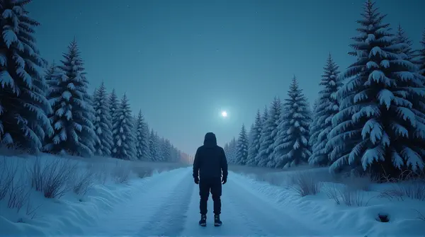 A lone person in heavy clothes pauses on an icy path surrounded by frost-covered evergreens under a star-filled sky.