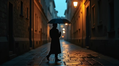 Lonely Figure With Canopy In Cobblestone Alley At Dusk