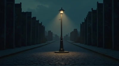 Lonely Lamppost On Cobblestone Pathway At Dusk