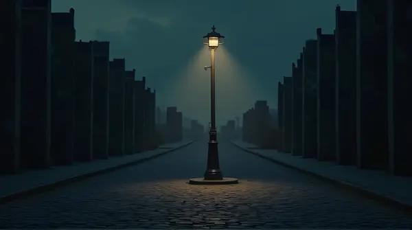 A single lamppost on a cobblestone path surrounded by tall buildings casting sharp shadows under a dark sky.