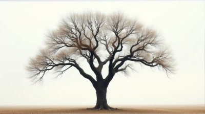 Lonely Oak Tree With Drooping Leaves In Pale Sky