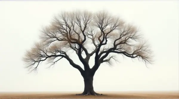 Solitary oak tree with drooping faded leaves under a pale sky in an open space