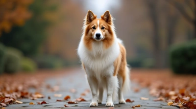 Long-Furred Dog On Stone Path With Autumn Leaves