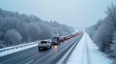 Long Vehicle Line On Frosty Highway Stretch
