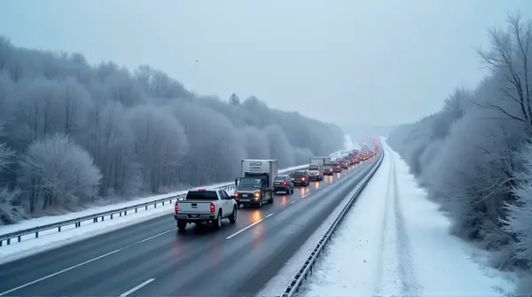 Long Vehicle Line On Frosty Highway Stretch