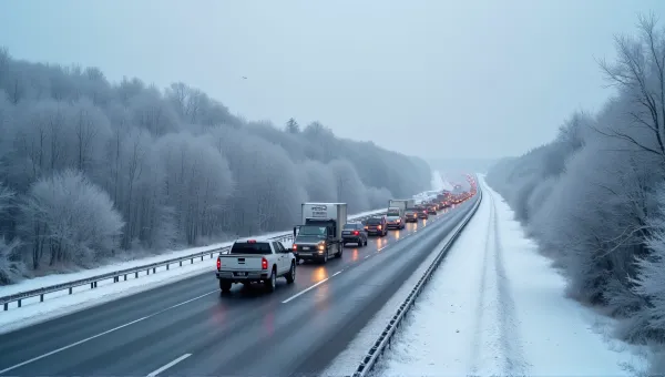 Long Vehicle Line On Frosty Highway Stretch
