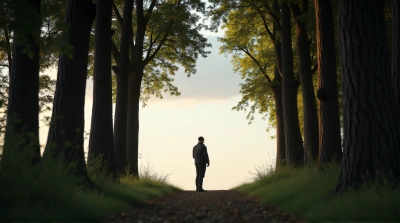 Low Angle View Of Figure Near Tall Tree Trunks