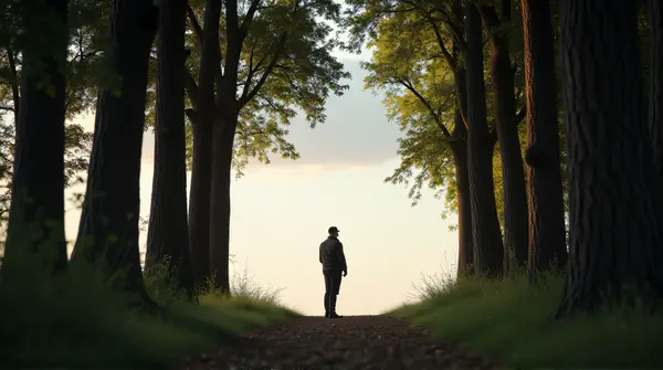 Low angle shot of a figure beside tall tree trunks framed by dense foliage under a soft sky.