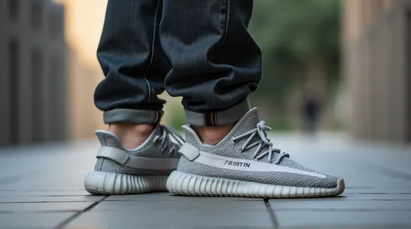 Low Angle View Of Sneakers And Denim Pants
