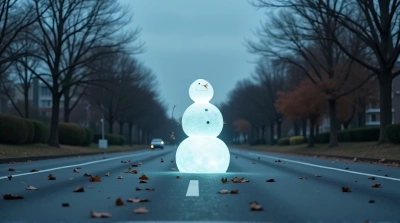 Luminescent Snowman On Urban Road In Autumn