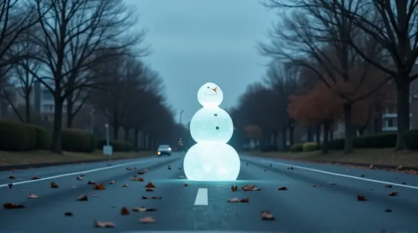 A glowing snowman stands on an empty city road surrounded by fallen autumn leaves and bare trees under a gray sky.