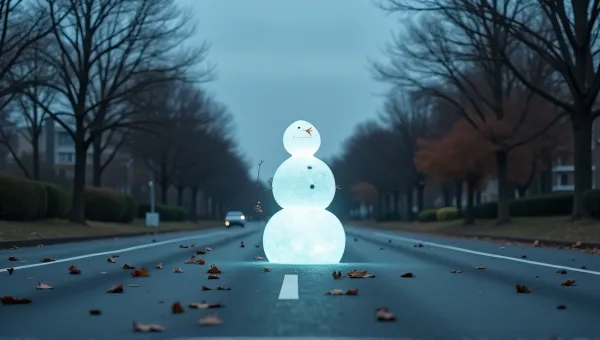 Luminescent Snowman On Urban Road In Autumn
