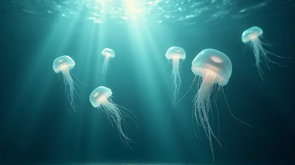 A group of glowing gelatinous creatures with trailing appendages illuminated by soft rays in water