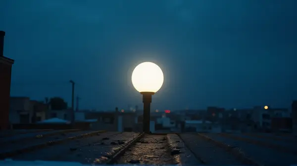 Glowing orb illuminating a textured urban rooftop under an indigo sky at dusk