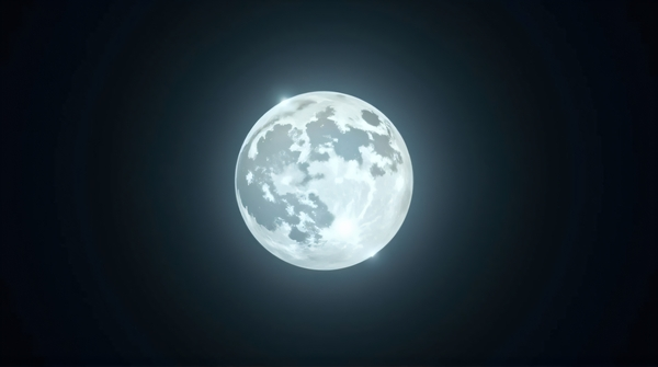 Bright glowing orb centered in dark sky emitting soft light and showing textured surface