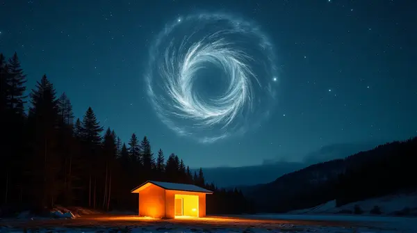 Luminous Shelter Amid Celestial Vortex And Woodland