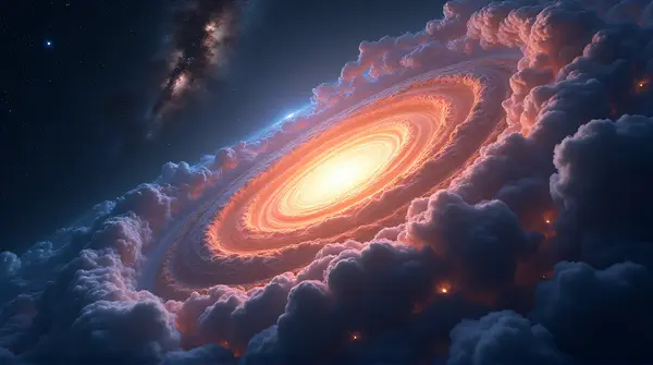 A swirling spiral of bright celestial bodies and colorful cosmic clouds against a dark expansive background.