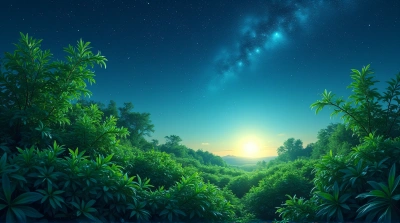 Lush Emerald Foliage Under Celestial Night Sky