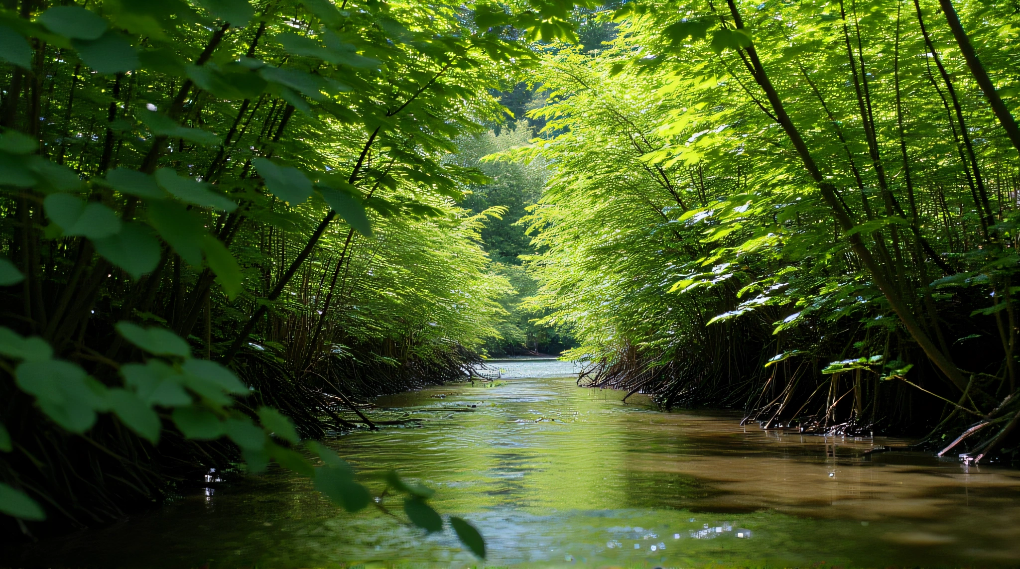 Lush Foliage Around Serene Curved Stream