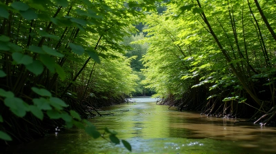 Lush Foliage Around Serene Curved Stream
