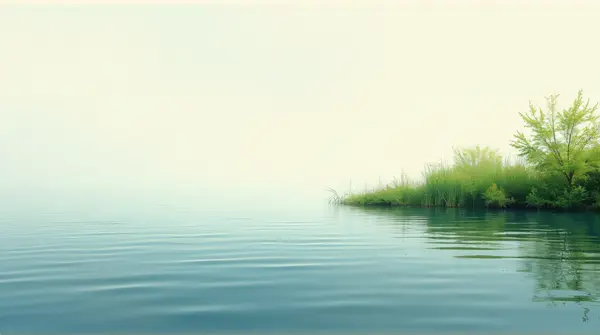 Lush green plants along a calm lake with soft ripples and a gentle sky above.