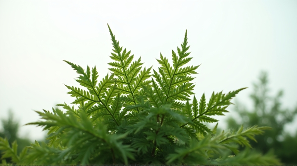 Close-up view of lush green leaves with an overcast pale sky in the background