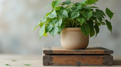 Lush Foliage In Container On Textured Crate