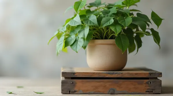 Small container with dense foliage on a textured rectangular crate from above