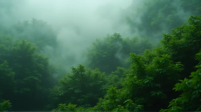 Lush Green Foliage with Soft Light and Vapor