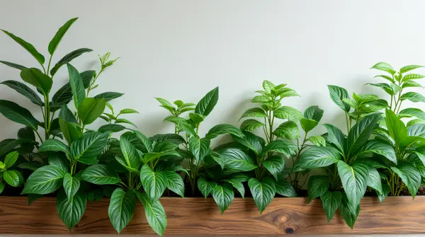 Lush Green Leafy Plants On Wooden Ledge